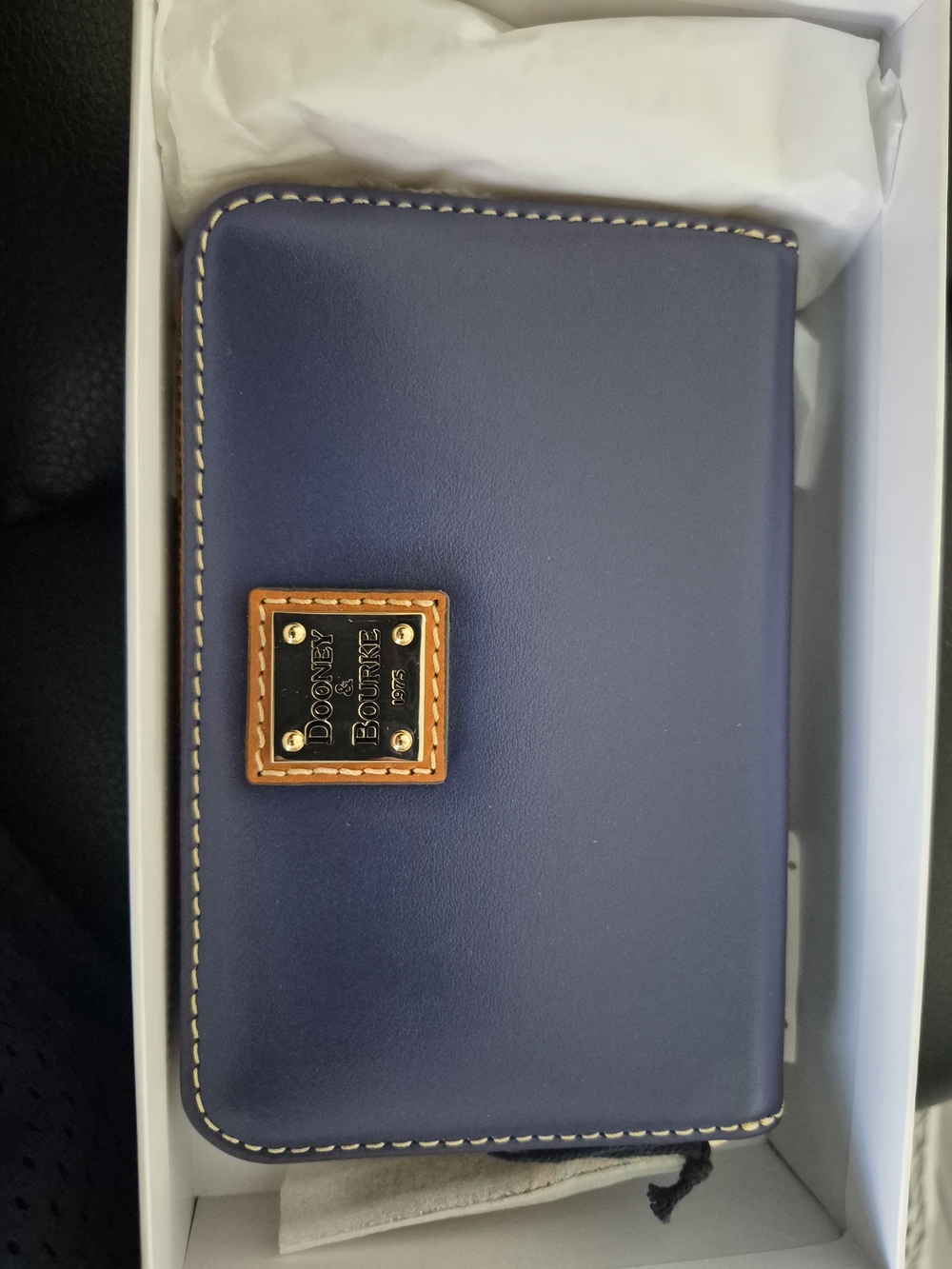 Dooney & Bourke Navy Leather Zip Wallet Case with Tan Trim & Brass Plaque